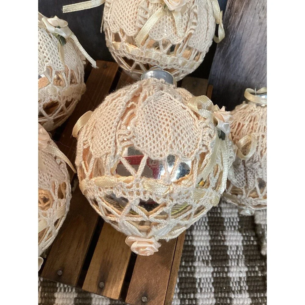 Vintage Alderbrook Lace Covered Silver Glass Christmas Ball Ornaments Set Of 7